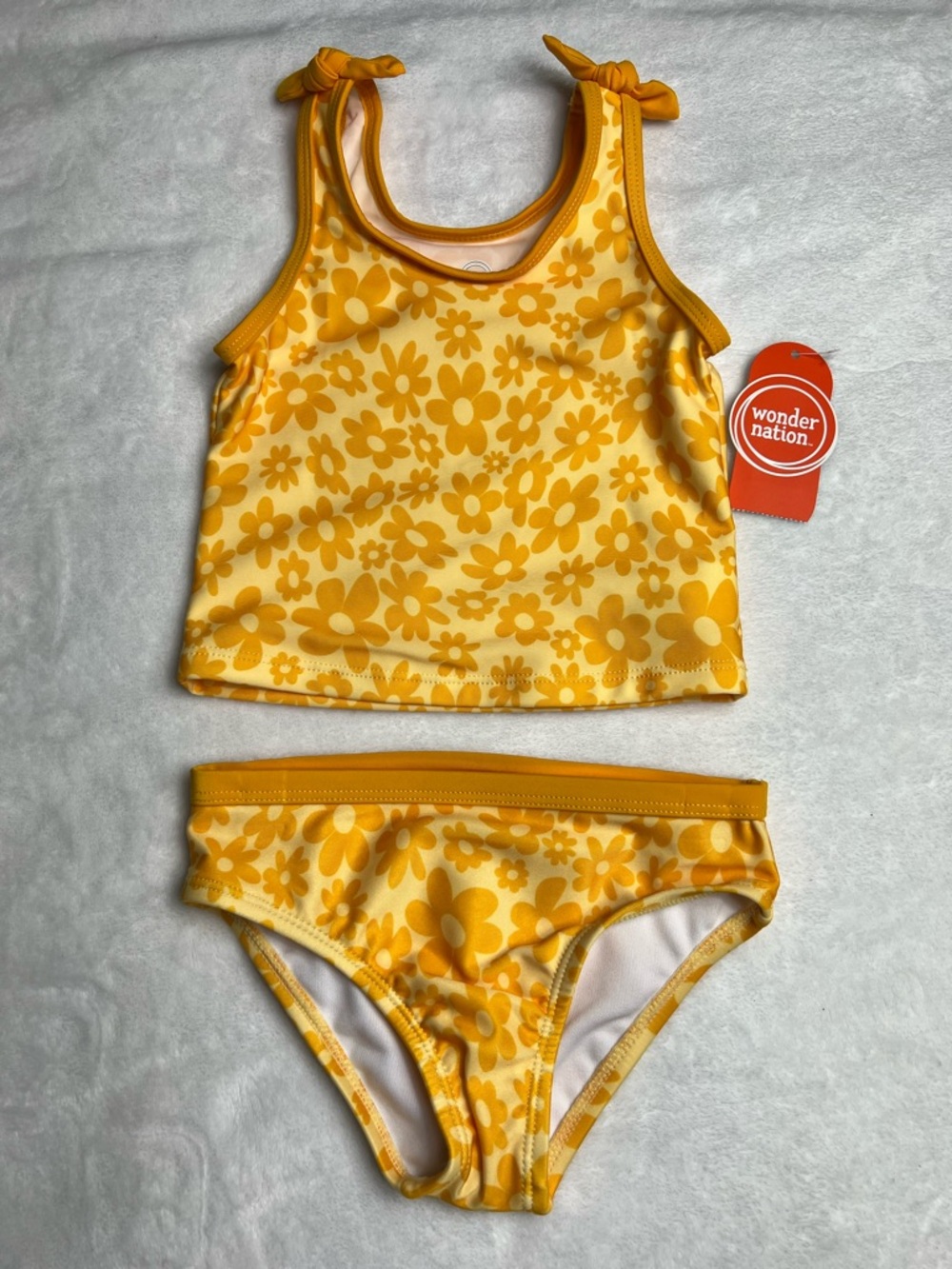 Wonder Nation Girls Baby Size 3T Swimsuit Bikini Yellow Orange Floral Bows Swim